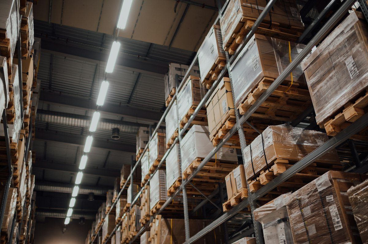 Racked pallets of cargo inside a bonded warehouse
